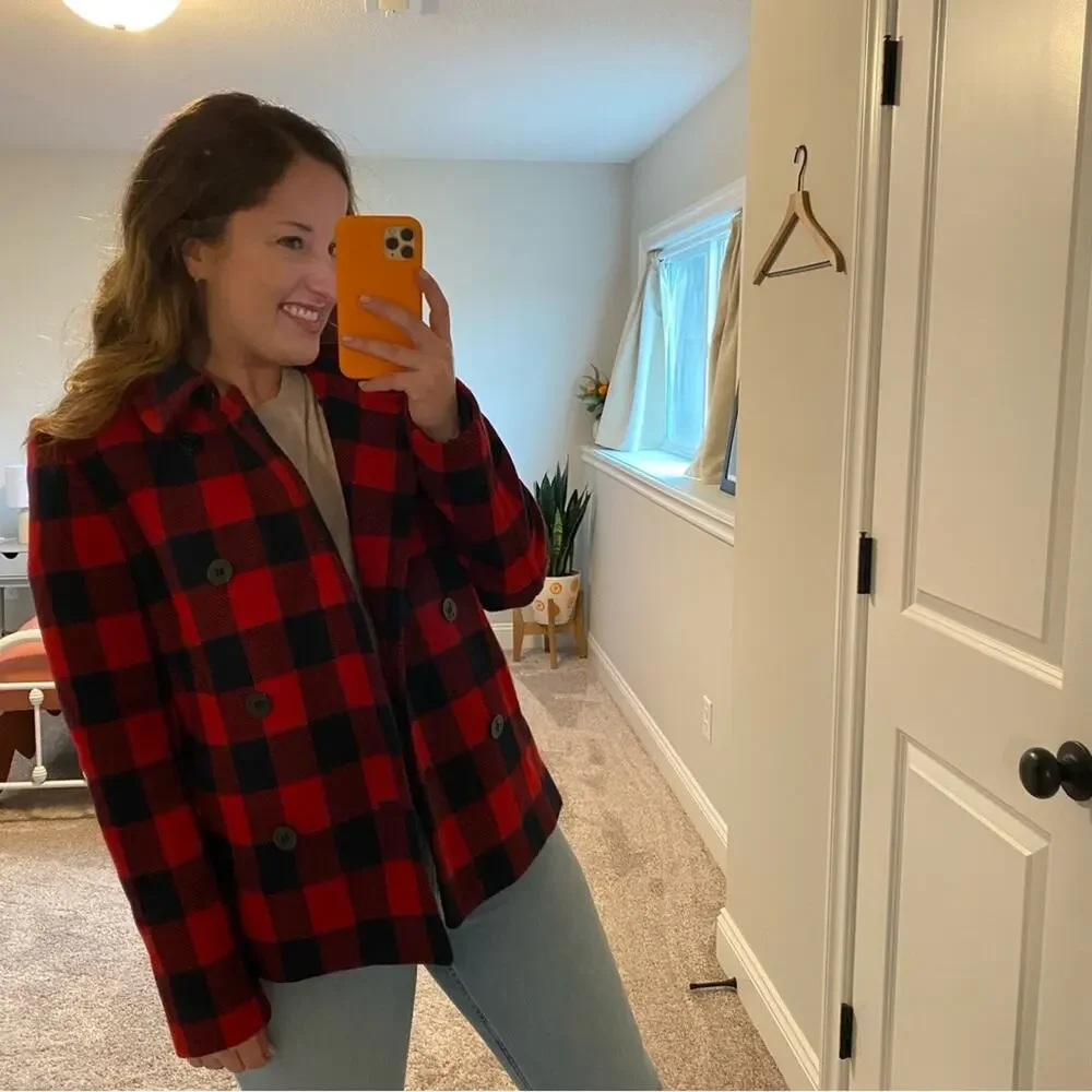 J. Crew Red Navy Blue Buffalo Plaid Wool Coat Jacket Small